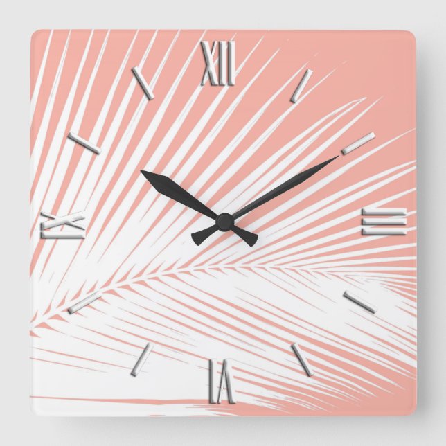 Reloj Cuadrado Hoja de palma - blanca sobre rosa coral (Anverso)