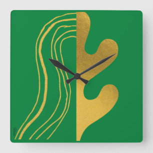 Reloj Cuadrado Hoja de resumen verde de oro moderno