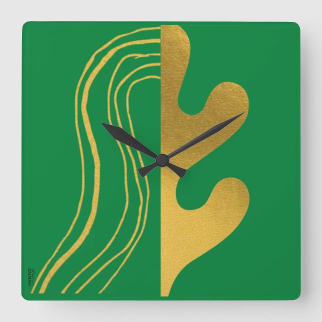 Reloj Cuadrado Hoja de resumen verde de oro moderno (Anverso)