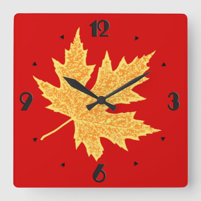 Reloj Cuadrado Hoja de roble - rojo profundo y azafrán (Anverso)