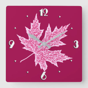 Reloj Cuadrado Hoja de roble - vino de Burdeos y rosa