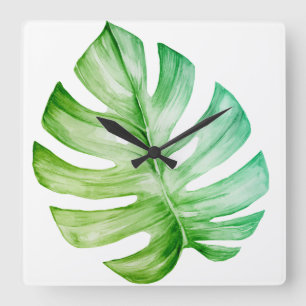Reloj Cuadrado Hoja Monstera Blanca Tropical Botánica