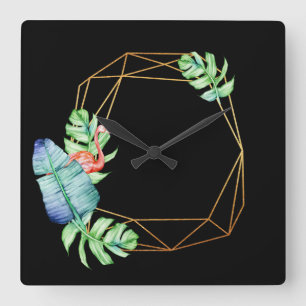 Reloj Cuadrado Hoja negra tropical Poligonal del flamenco del oro