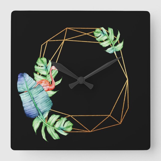 Reloj Cuadrado Hoja negra tropical Poligonal del flamenco del oro (Anverso)