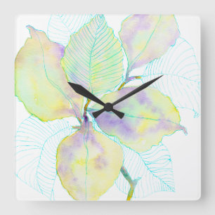 Reloj Cuadrado Hojas Botánicas Acuarela Amarillo Verde Pastel