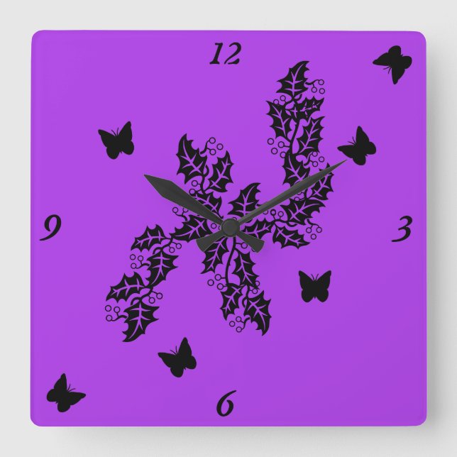 Reloj Cuadrado Hojas de marfil y mariposa negra en morado (Anverso)