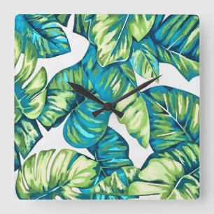 Reloj Cuadrado Hojas de Monstera Tropical y Verde Azul Bananero