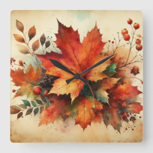 Reloj Cuadrado Hojas de otoño color de agua vintage color otoño