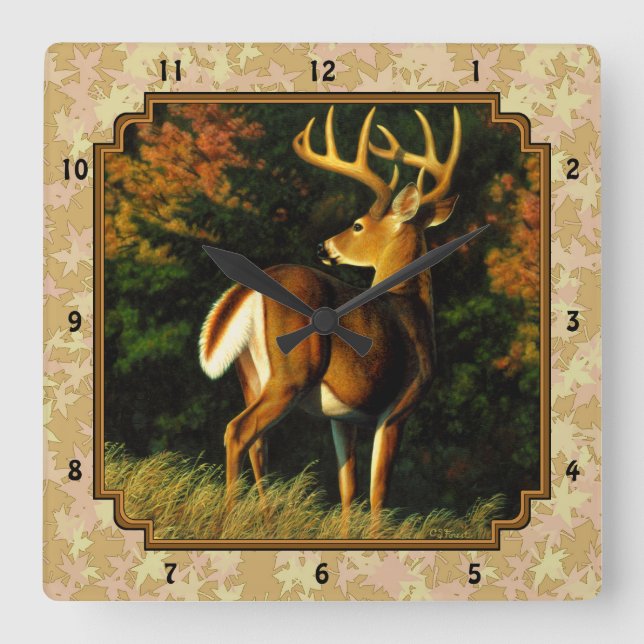 Reloj Cuadrado Hojas de otoño de Whitetail Buck (Anverso)