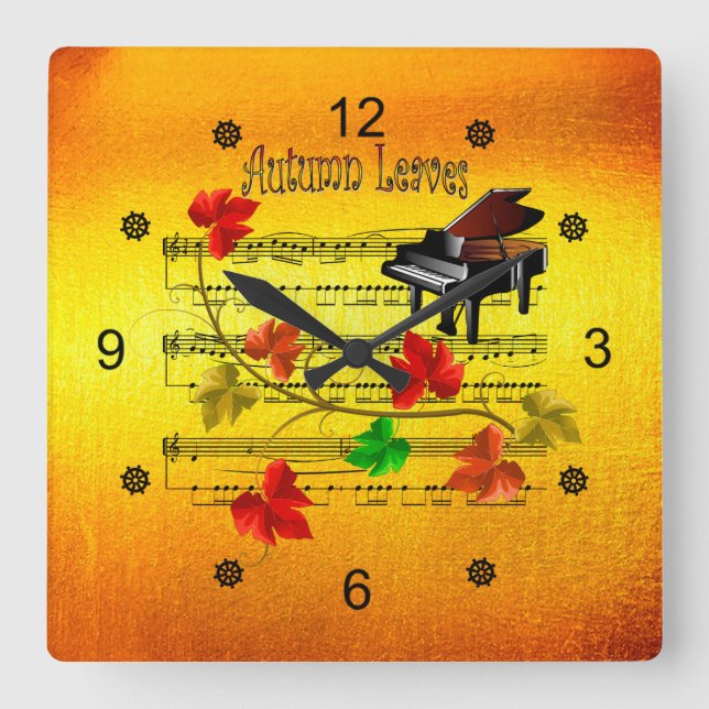 Reloj Cuadrado Hojas de otoño ~ Piano ~Música de hoja ~ Rústica ~ (Anverso)