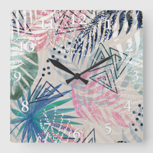 Reloj Cuadrado Hojas de palma, tropicales, botánicas, hojas, jung