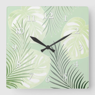 Reloj Cuadrado Hojas de palma, tropicales, botánicas, hojas, jung