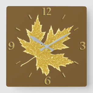 Reloj Cuadrado Hojas de roble - bronceado de camello y marrón