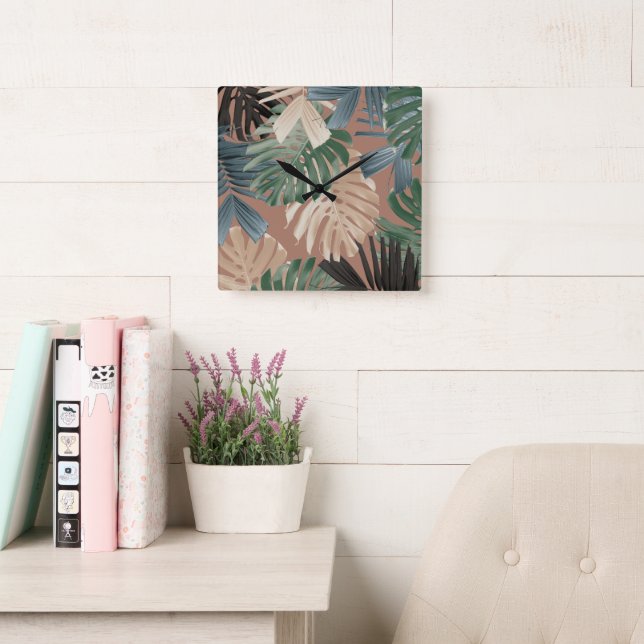 Reloj Cuadrado Hojas de selva tropical Monstera 2 (Sala de lectura)