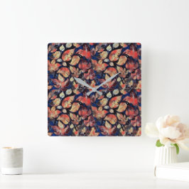Reloj Cuadrado Hojas en Medianoche – Patrón Botánico Abstracto