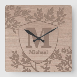 Reloj Cuadrado Hojas grabadas de madera monograma nombre vintage 