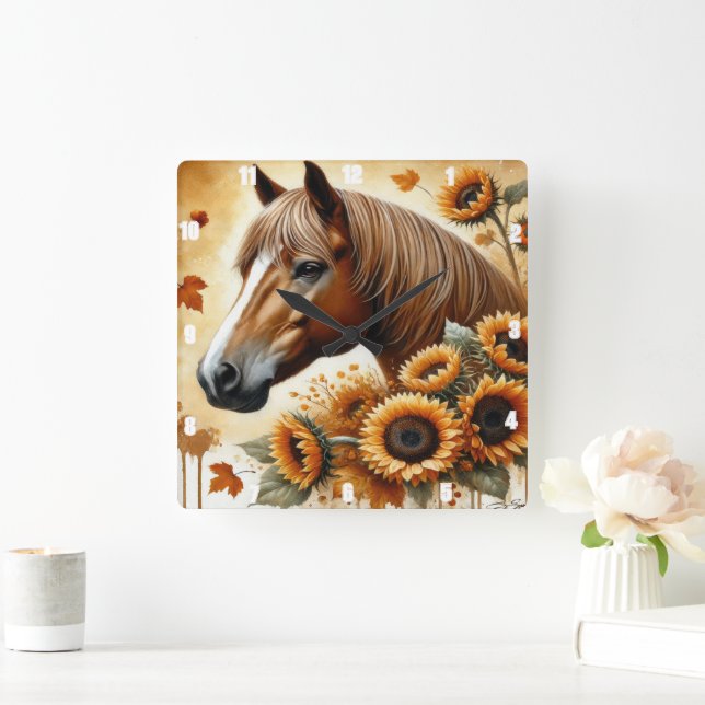 Reloj Cuadrado Hojas otoñales de caballos y girasoles (Hogar)