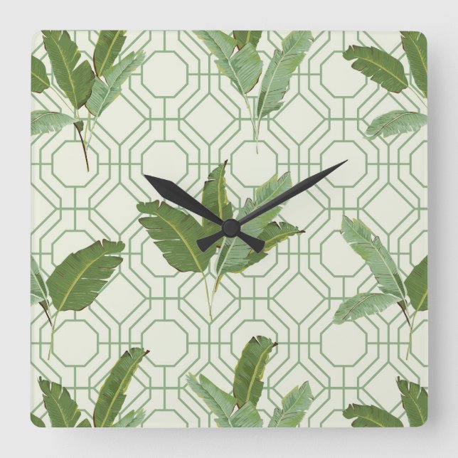 Reloj Cuadrado Hojas tropicales de palmera (Anverso)