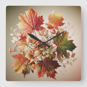 Reloj Cuadrado Hojas y flores de otoño en el arte de Bouquet en o