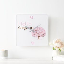 Reloj Cuadrado Hola Hermoso, Árbol de Flor de Cerezo Rosa