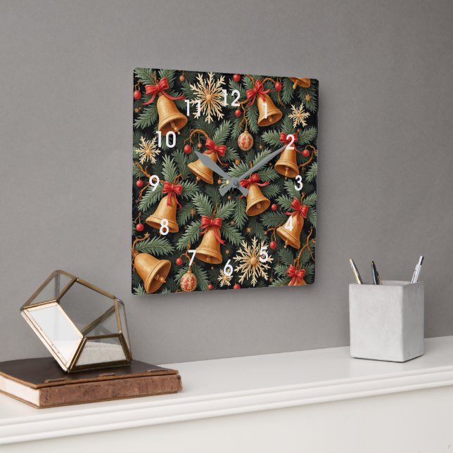 Reloj Cuadrado Holiday Bells, Decorative Christmas Pattern, (Oficina)