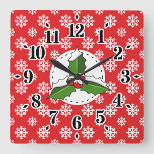Reloj Cuadrado Holly Berry sobre el patrón de copos de nieve blan