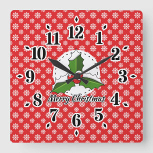 Reloj Cuadrado Holly on Red White Snowflakes Pattern - Merry Xmas