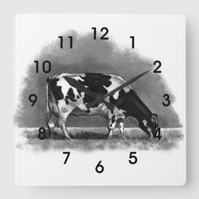 Reloj Cuadrado Holstein Cow Grazing: Arte de lápiz original (Anverso)