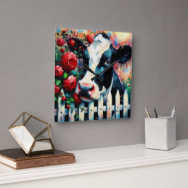 Reloj Cuadrado Holstein Cow Picket Fence Red Roses Black Red