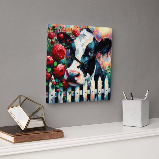 Reloj Cuadrado Holstein Cow Picket Fence Red Roses Black Red (Oficina)