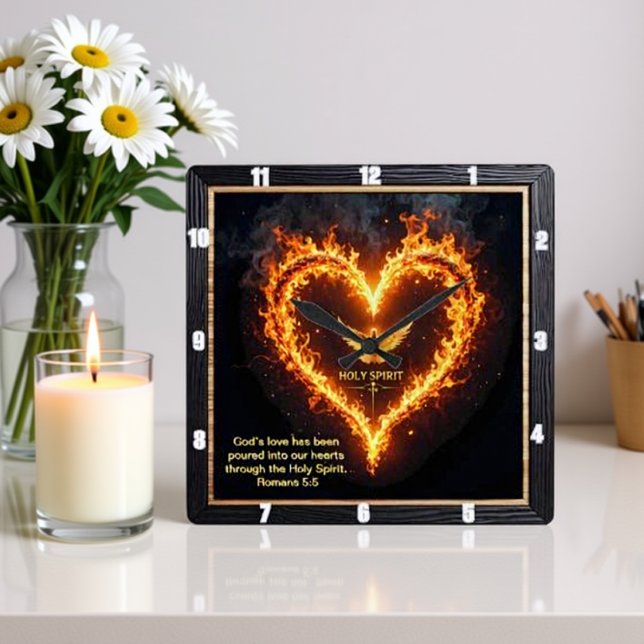 Reloj Cuadrado Holy Spirit Cross Flaming Heart Romans 5:5 (Subido por el creador)