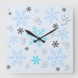 Reloj Cuadrado Hombres de nieve y copos de nieve con azul claro