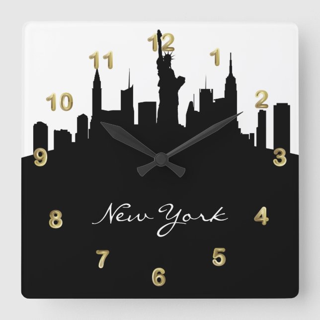 Reloj Cuadrado Horizonte blanco y negro de Nueva York (Anverso)