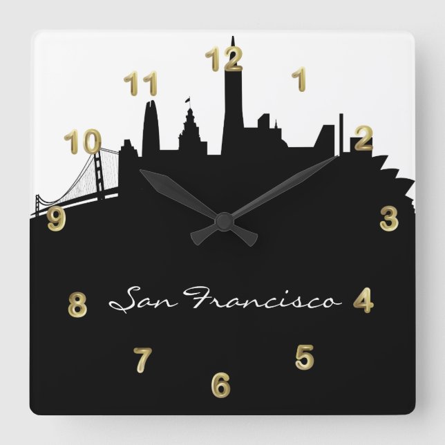 Reloj Cuadrado Horizonte blanco y negro de San Francisco (Anverso)