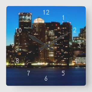 Reloj Cuadrado Horizonte de Boston con la luna