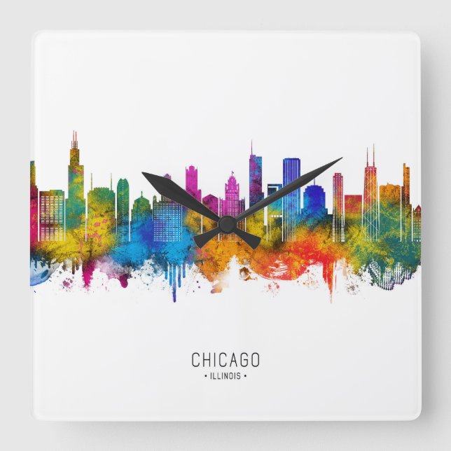 Reloj Cuadrado Horizonte de Chicago Illinois (Anverso)