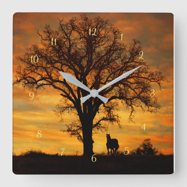 Reloj Cuadrado Horse and Oak Tree Southwestern Nature (Anverso)