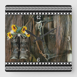 Reloj Cuadrado Horse Cowboy Boots Sunflowers Rustic Barn Board