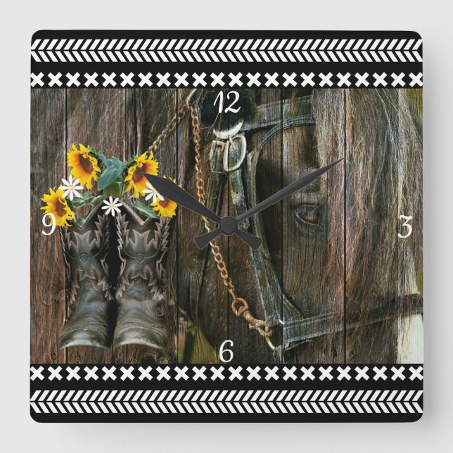 Reloj Cuadrado Horse Cowboy Boots Sunflowers Rustic Barn Board (Anverso)