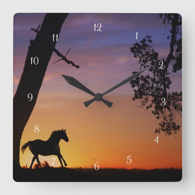 Reloj Cuadrado Horse Sunset y roble (Anverso)