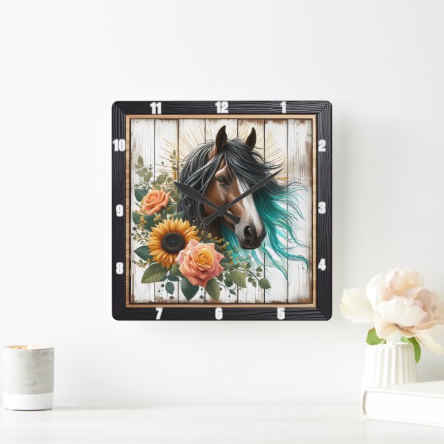 Reloj Cuadrado Horse Turquoise Mane Floral (Hogar)