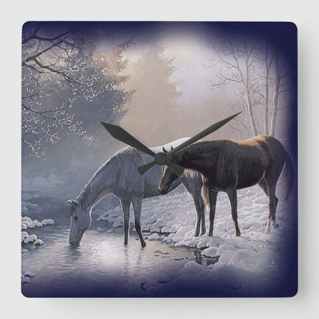 Reloj Cuadrado Horses at winter stream Wall Clock (Anverso)