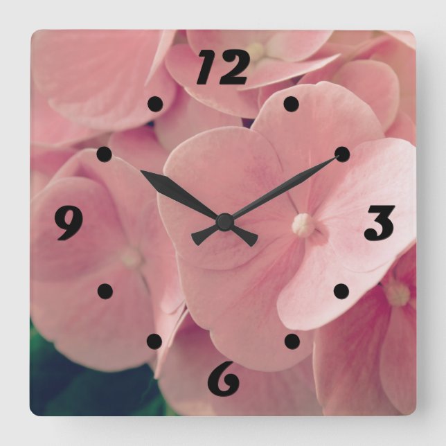 Reloj Cuadrado Hortensia Hidrangea flores rosa pastel floridas (Anverso)