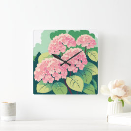 Reloj Cuadrado Hortensia Rosa Floral Botánica
