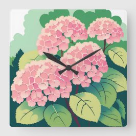 Reloj Cuadrado Hortensia Rosa Floral Botánica
