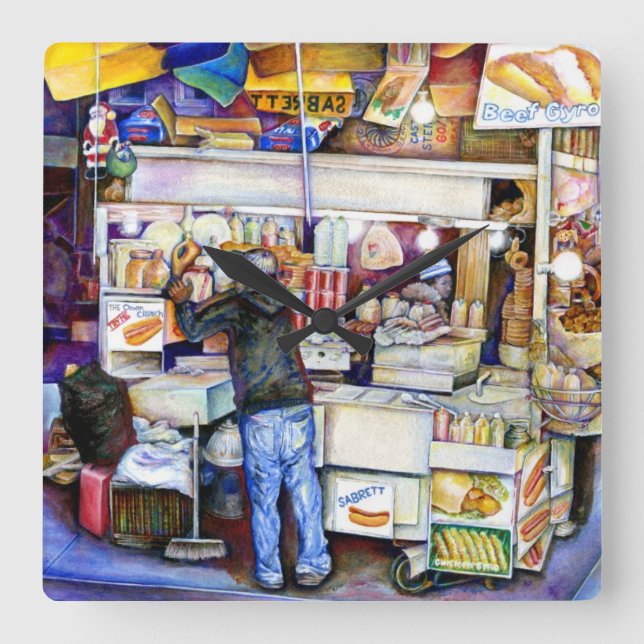 Reloj Cuadrado Hot Dog God, Nueva York (Anverso)