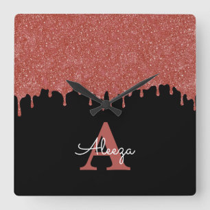 Reloj Cuadrado Hot Pink and Black Monogram Glitter Drips