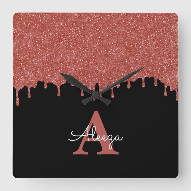 Reloj Cuadrado Hot Pink and Black Monogram Glitter Drips (Anverso)