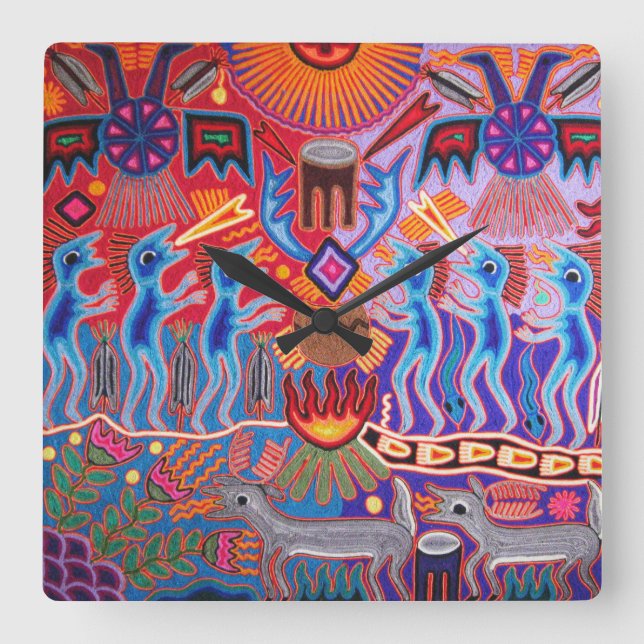 Reloj Cuadrado Huichol ritual del chamán Hunter Sun (Anverso)