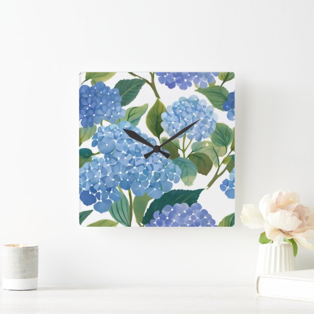 Reloj Cuadrado Hydrangeas Blue | Hermoso Bush floral (Hogar)